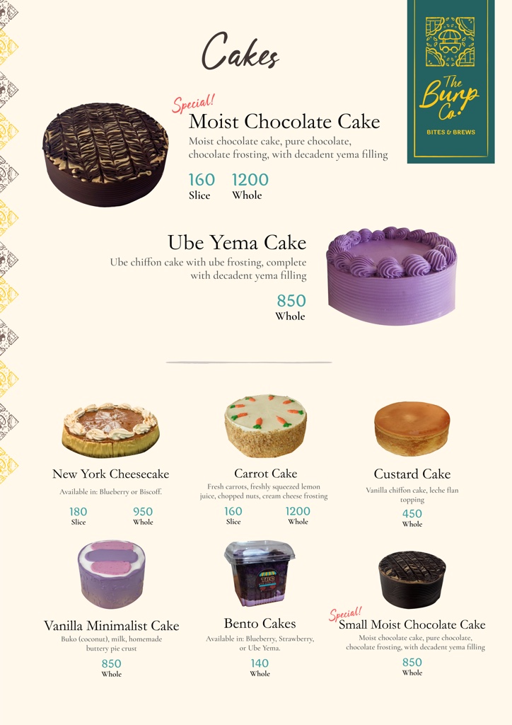 The Burp Co. cakes menu with photographs, descriptions, and slice and whole cake prices