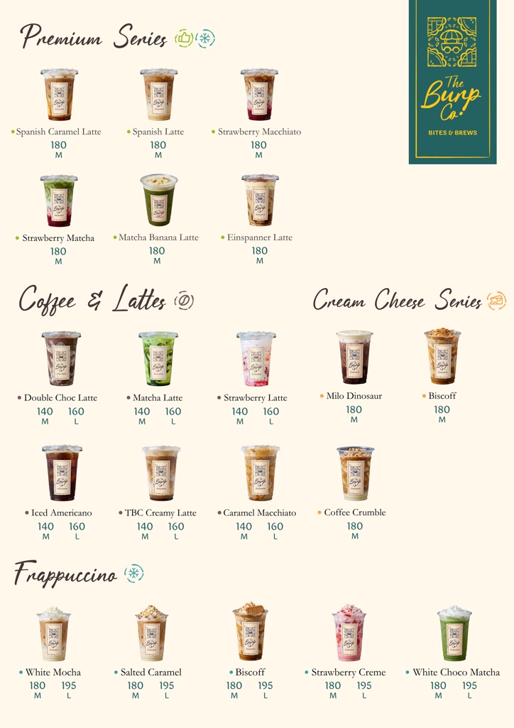 The Burp Co. premium series, coffee and lattes, cream cheese series, and frappuccino menu with photographs and medium and large prices