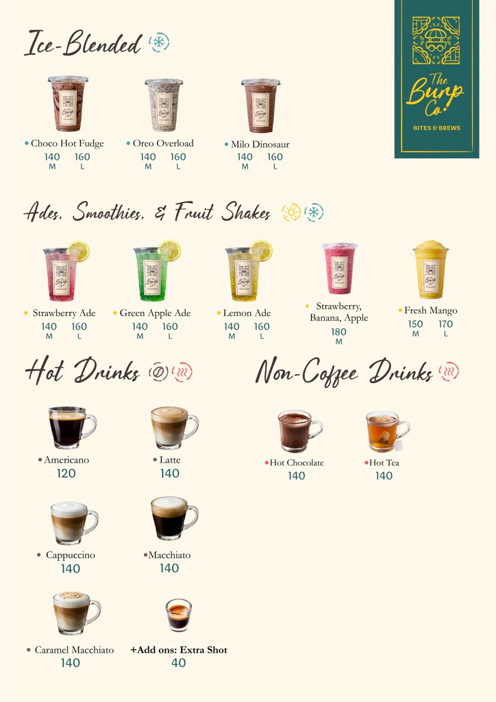 The Burp Co. ice-blended drinks, ades, smoothies, fruit shakes, hot coffee, and non-coffee drinks menu with photographs and prices