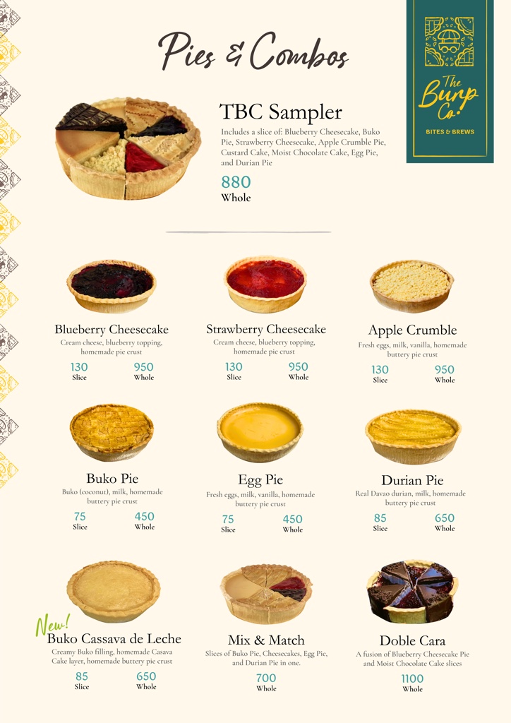 The Burp Co. pies and combos menu with photographs, descriptions, and slice and whole pie prices